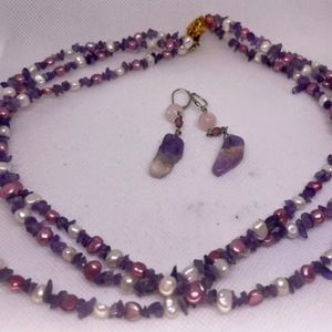 Vintage Triple strand Raw amethyst & Fresh water pearl necklace & earrings set!